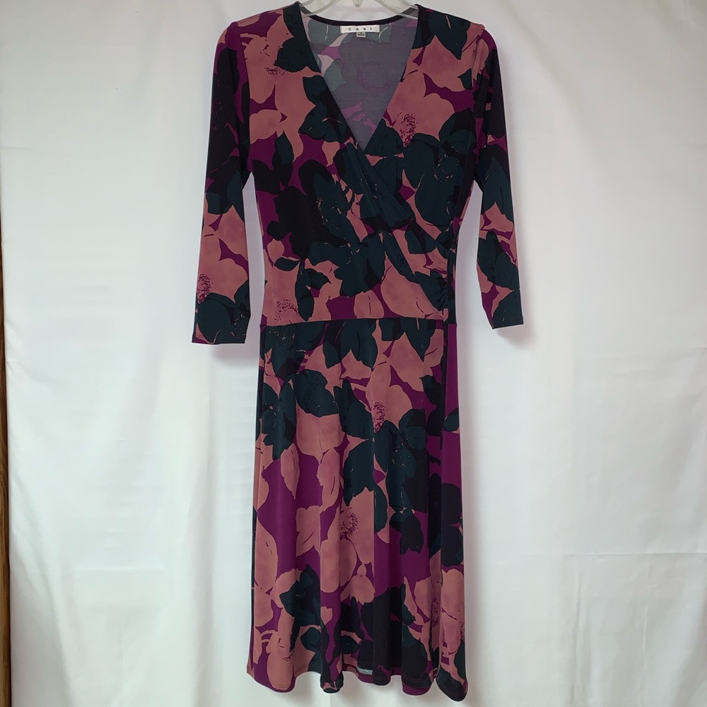 Cabi Dress Faux Wrap Floral 3/4 Sleeves V Neck